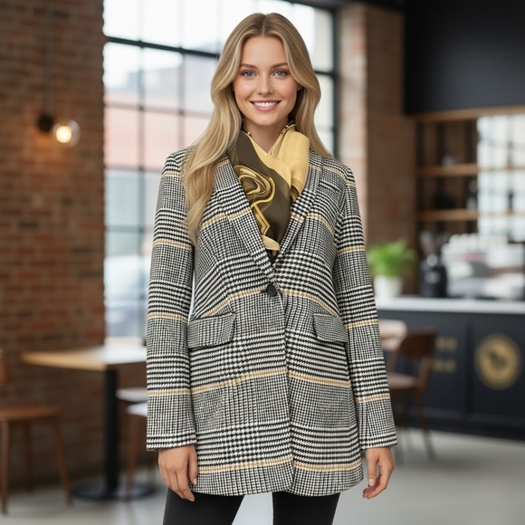 LOFT Petites Plaid Check Print Wool Blend Blazer Jacket Black White Yellow 6P - Picture 1 of 12
